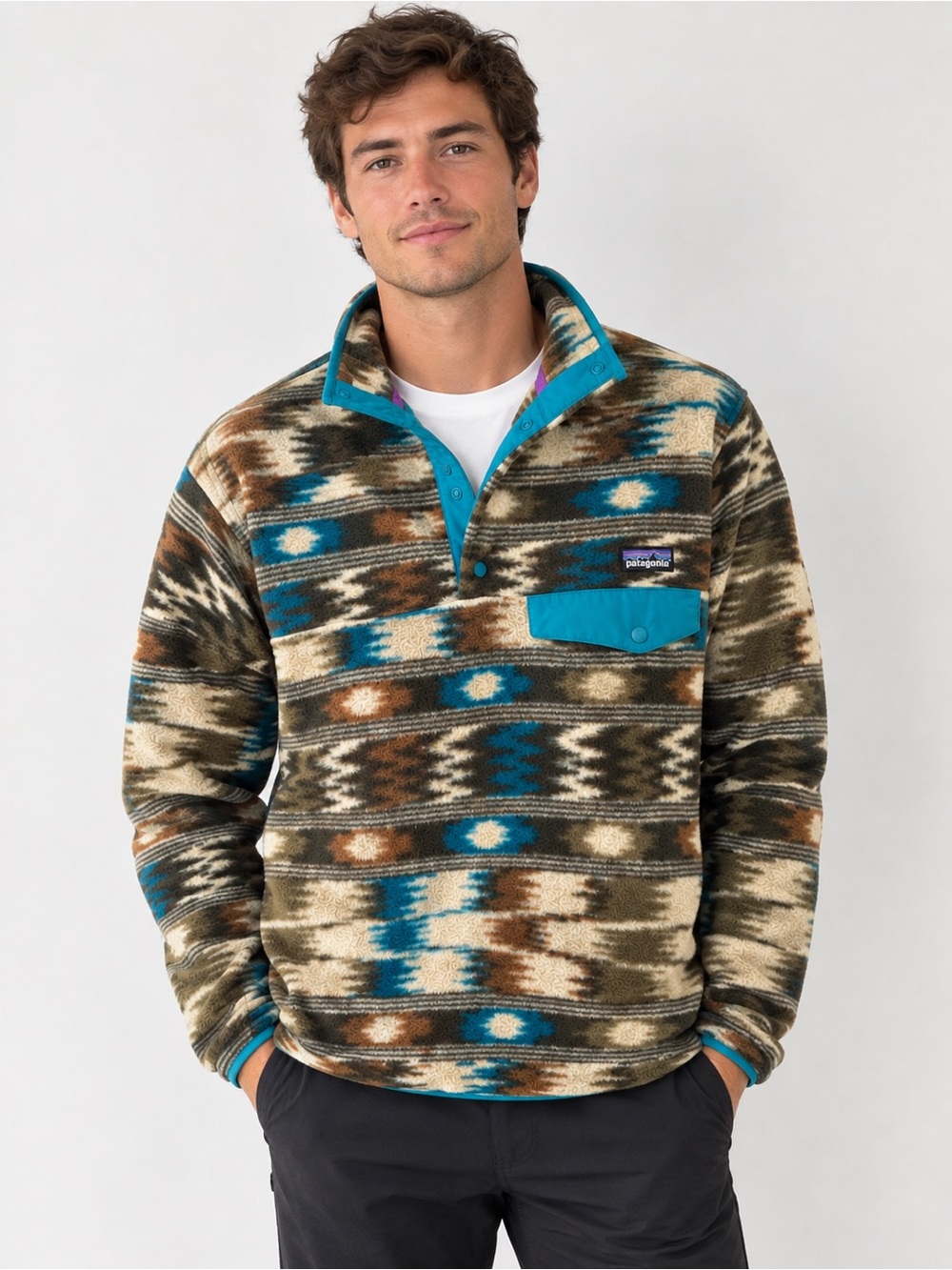 Patagonia Teal & Brown Patterned Synchilla Button-up Fleece